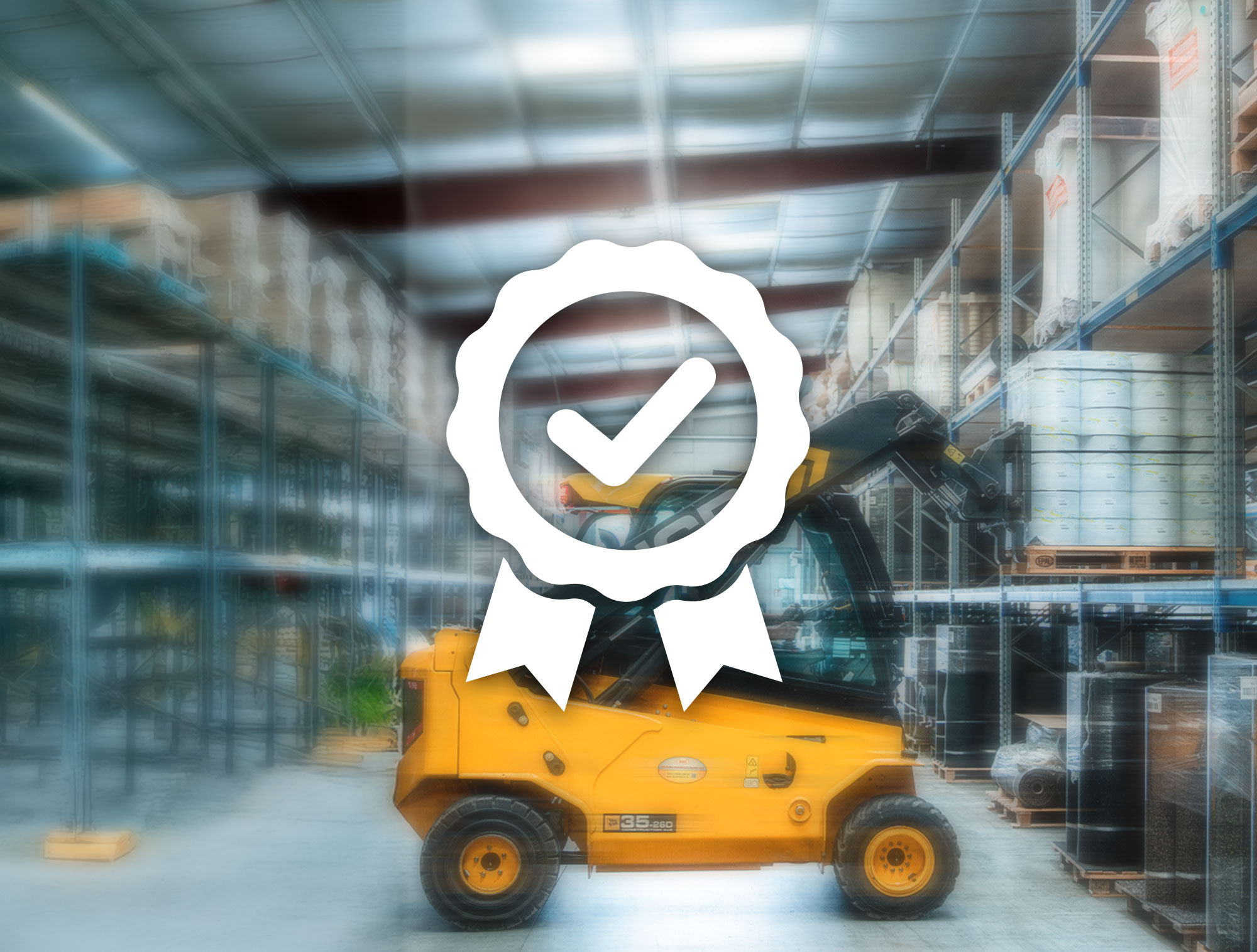 Quality, Environmental & EfB Certification at PVP Triptis | ISO 9001 & ISO 14001 Forklift in a warehouse with a quality seal icon symbolizing certified quality, environmental standards and certified waste management company (EfB)