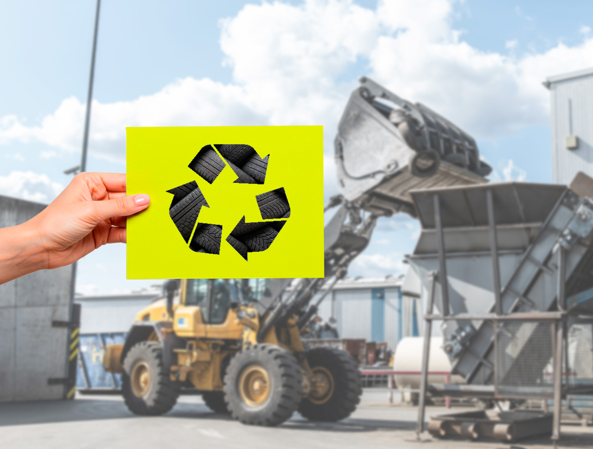 Responsible Recycling at PVP Triptis | Sustainable Tire Recycling Wheel loader recycling used tires with a recycling symbol held in hand, representing responsible tire recycling